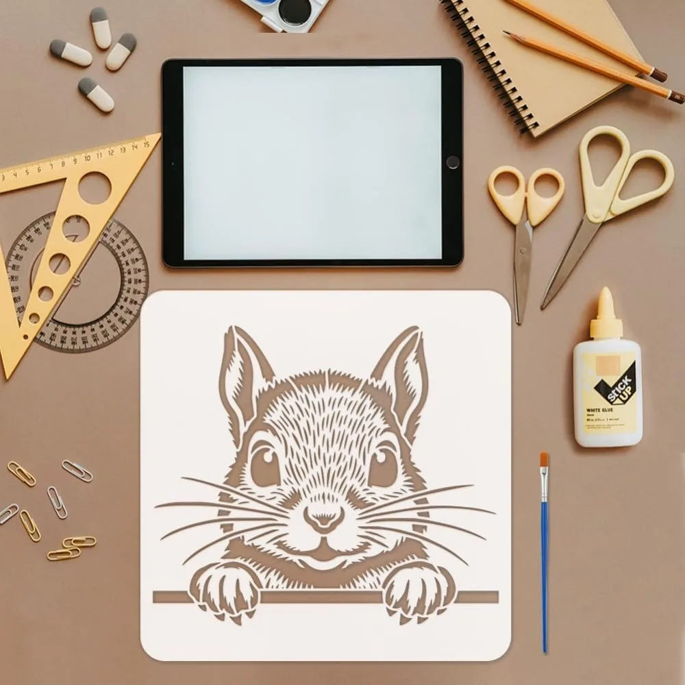 Squirrel Peeping Painting Stencil with a 16cm Paint Brush 11.8x11.8inch Reusable Plastic Stencil DIY Craft Template for Painting thumbnail 3