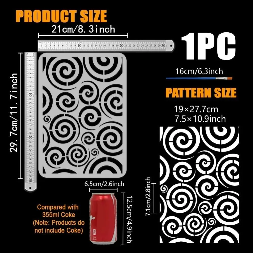 Spirals Painting Stencil with 1Pc Plastic Paint Brush 8.3x11.7inch Reusable Swirl Pattern Drawing Template Line Art Endless thumbnail 2