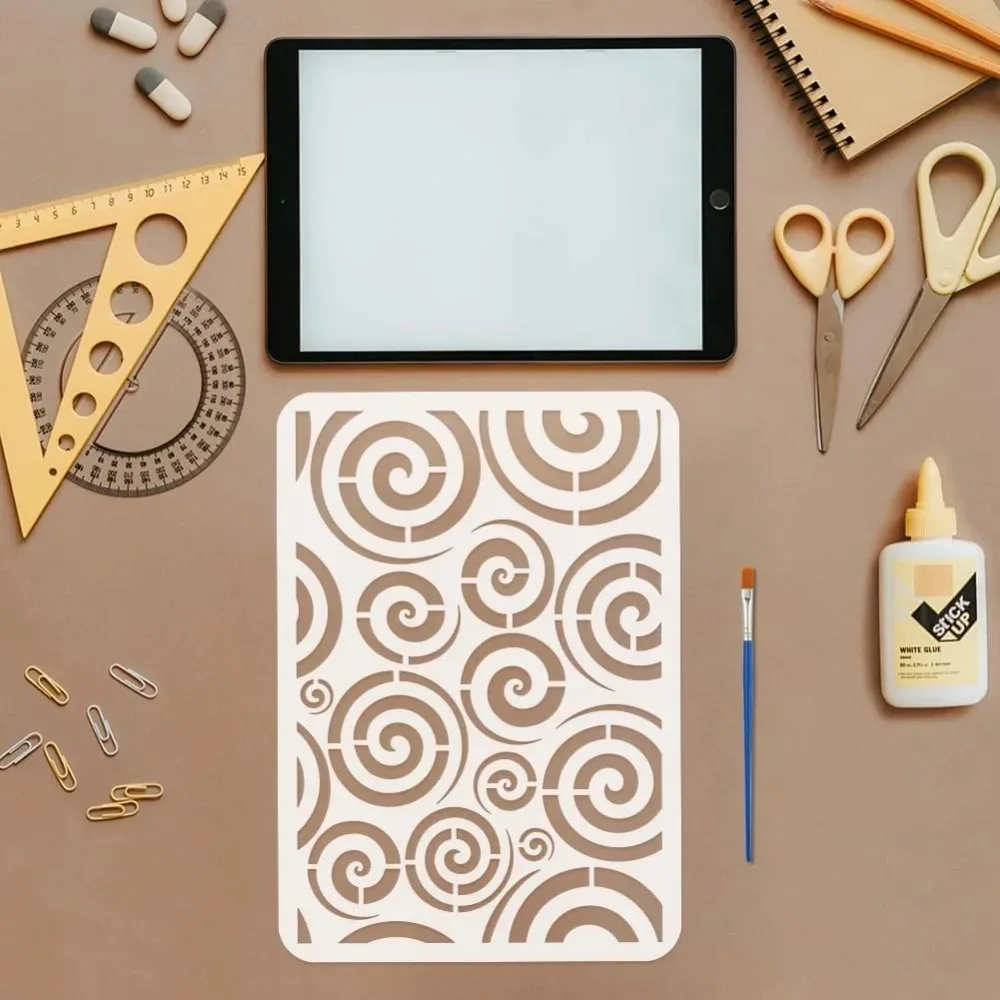Spirals Painting Stencil with 1Pc Plastic Paint Brush 8.3x11.7inch Reusable Swirl Pattern Drawing Template Line Art Endless thumbnail 3