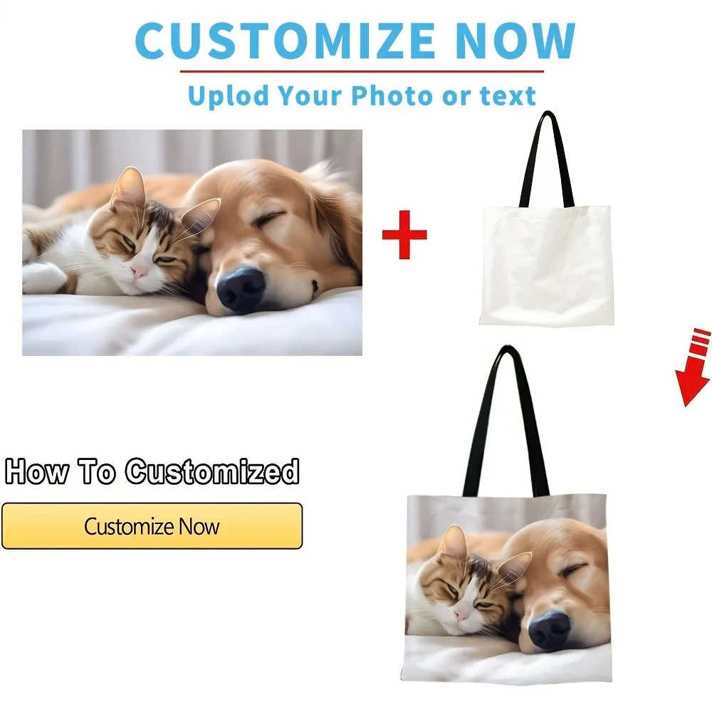 Custom Photo Tote Bag Personalized Reusable Grocery Shopping Shoulder Bag with Foldable Design Polyester Storage Pouch thumbnail 2