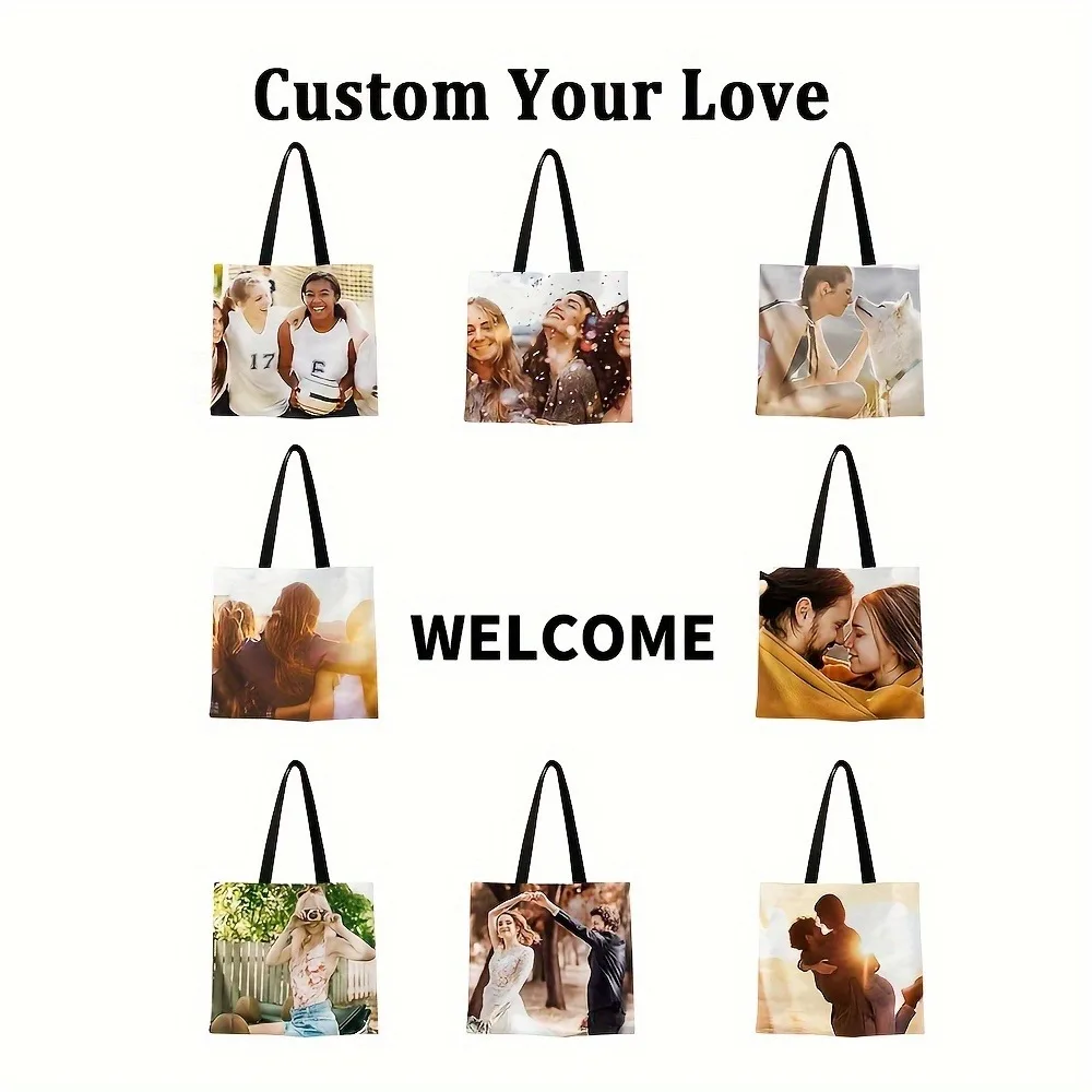 Custom Photo Tote Bag Personalized Reusable Grocery Shopping Shoulder Bag with Foldable Design Polyester Storage Pouch thumbnail 3