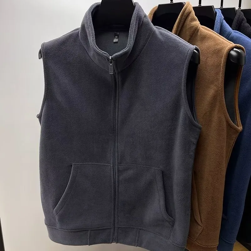 Thickened Fleece Lined Zipper Closure Unisex Vest Winter Outerwear Pure Color Stand Collar Particle Fleece Spring Casual Wear