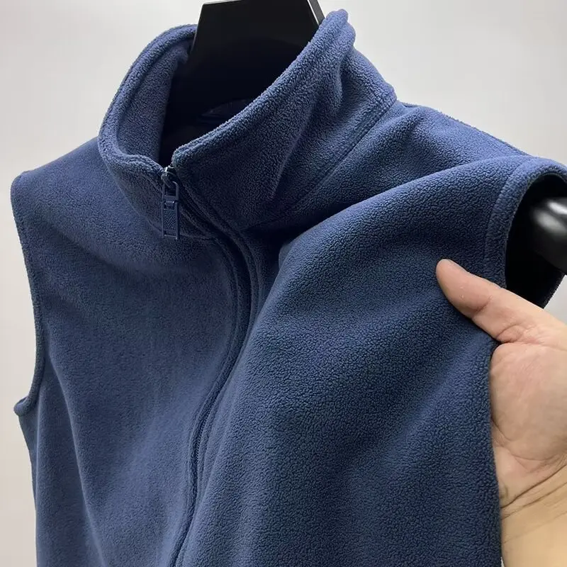Thickened Fleece Lined Zipper Closure Unisex Vest Winter Outerwear Pure Color Stand Collar Particle Fleece Spring Casual Wear thumbnail 4