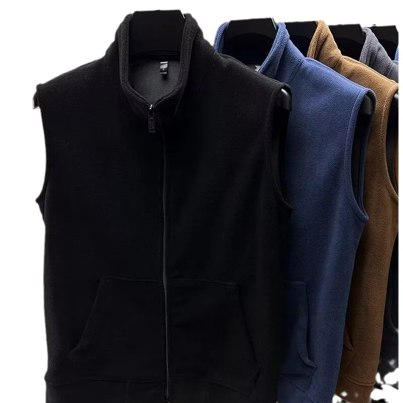 Thickened Fleece Lined Zipper Closure Unisex Vest Winter Outerwear Pure Color Stand Collar Particle Fleece Spring Casual Wear thumbnail 5