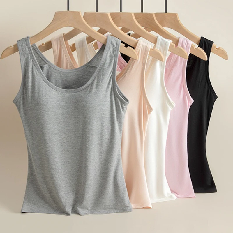 1pcs Women's Vest Tops Round Neck Vests Solid Color Padded Slim Fit Tank Tops Sexy Feminino Casual Tank Tops With Built In Bras thumbnail 2