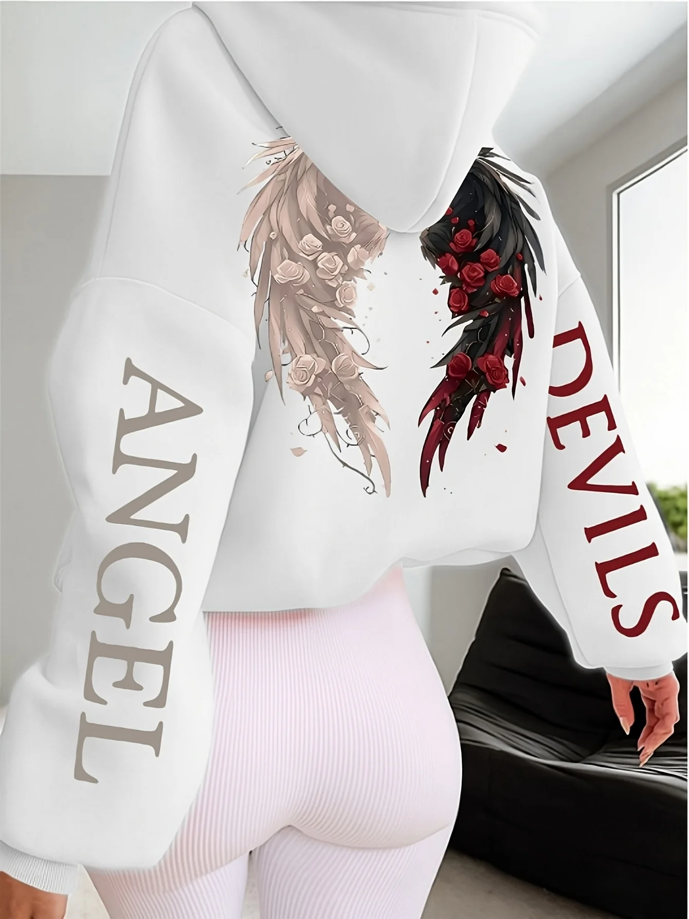 Women's Plus-size Hooded Sweatshirt Gothic Angel and Demon Pattern Autumn and Winter Fleece Streetwear Oversized Loose Casual thumbnail 3