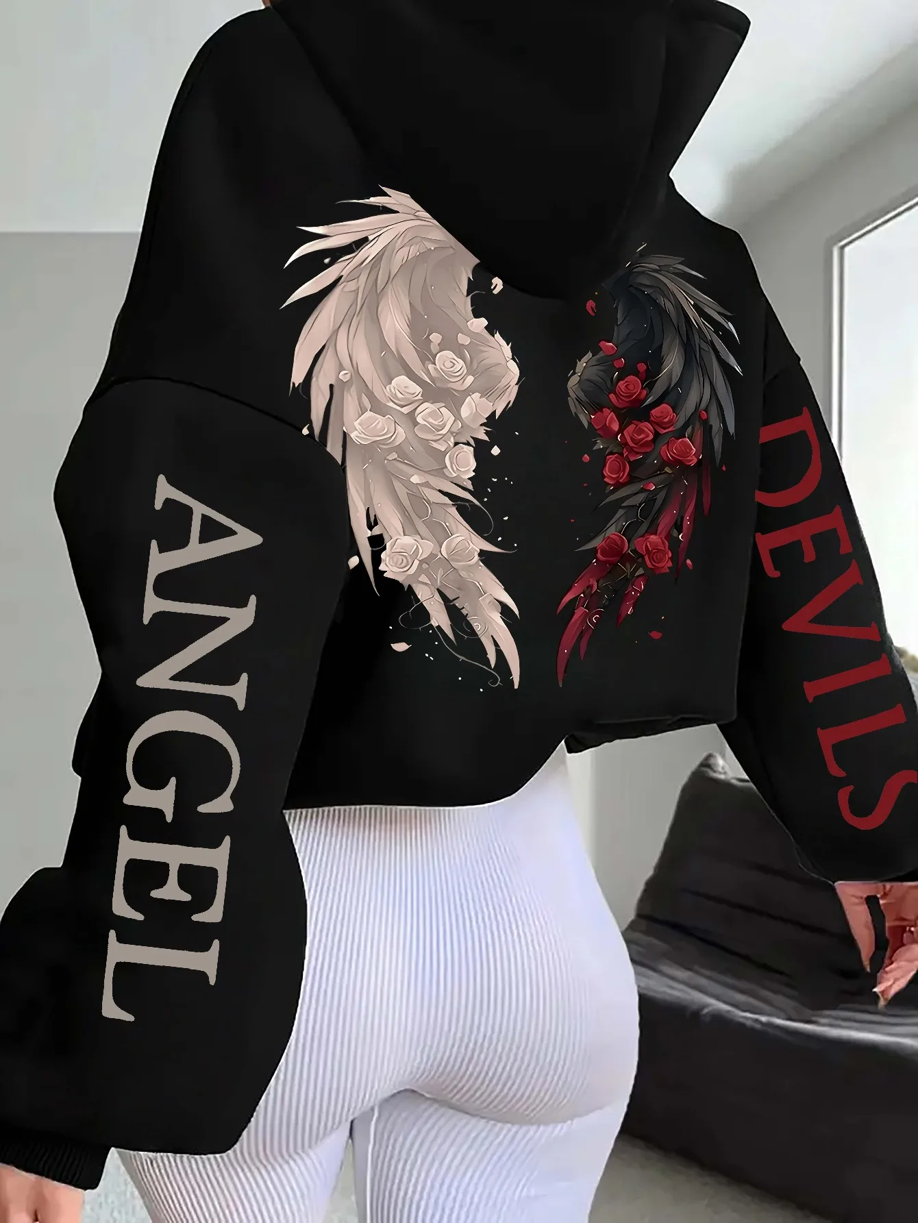Women's Plus-size Hooded Sweatshirt Gothic Angel and Demon Pattern Autumn and Winter Fleece Streetwear Oversized Loose Casual
