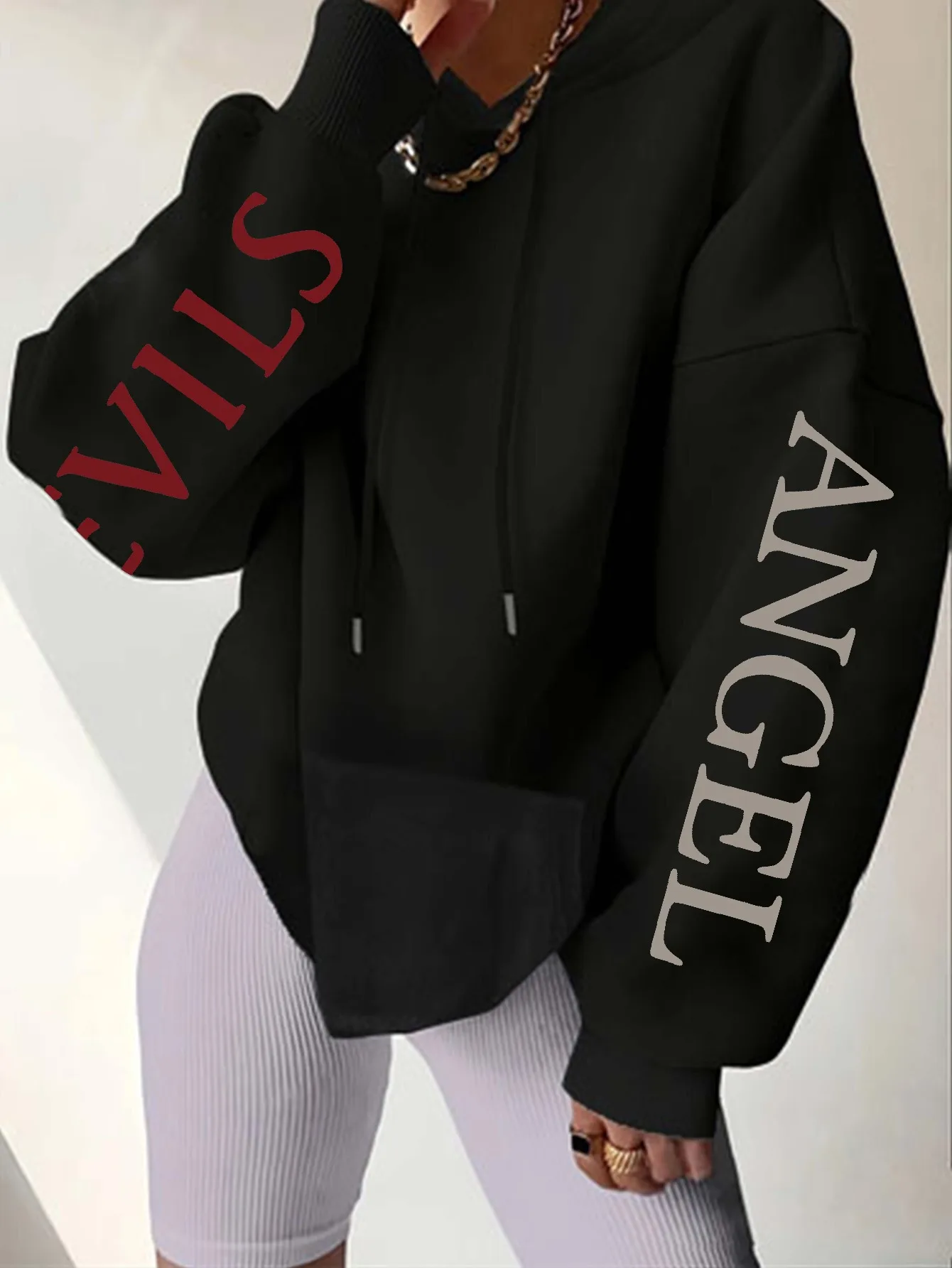 Women's Plus-size Hooded Sweatshirt Gothic Angel and Demon Pattern Autumn and Winter Fleece Streetwear Oversized Loose Casual thumbnail 4