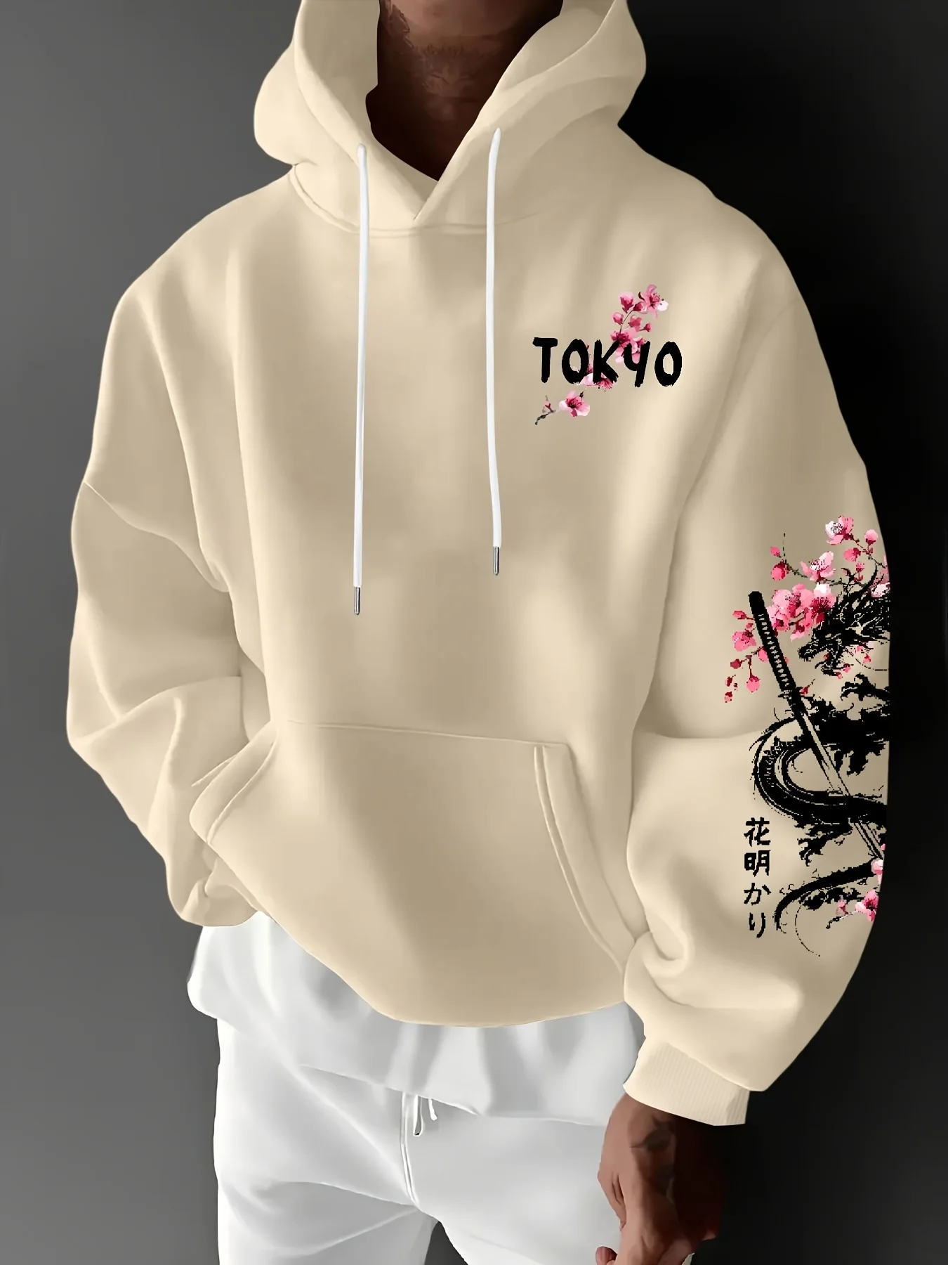 New Men's Anime Dragon Cherry Blossom Printed Hooded Sweatshirt Winter Fleece Warm Casual Street Comfort Inspired Design Hoodie thumbnail 4