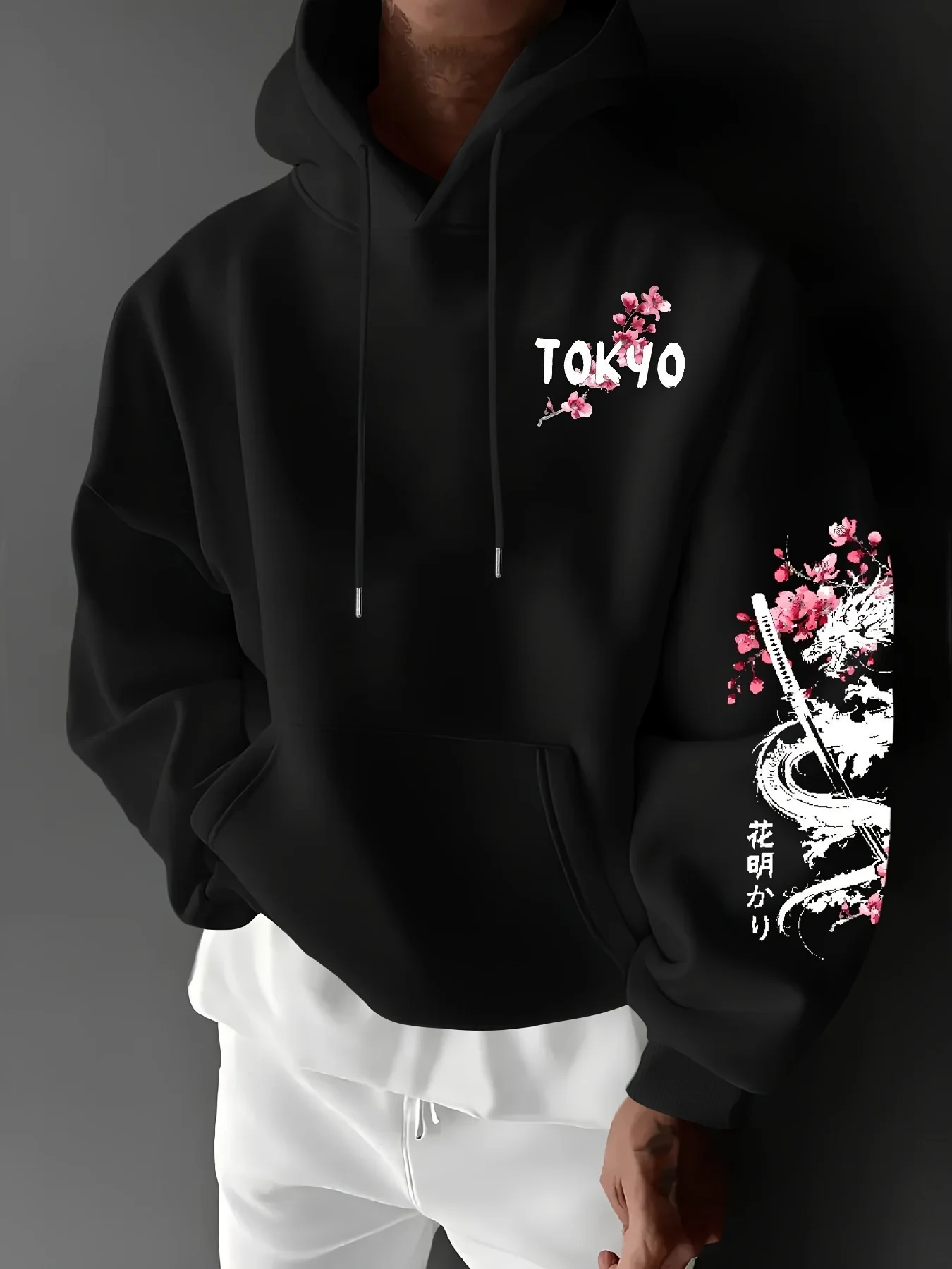 New Men's Anime Dragon Cherry Blossom Printed Hooded Sweatshirt Winter Fleece Warm Casual Street Comfort Inspired Design Hoodie thumbnail 2