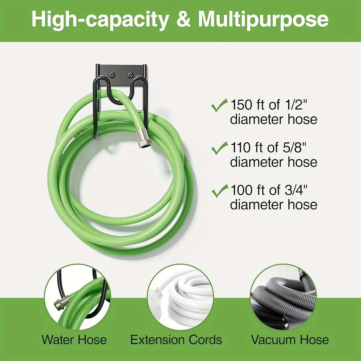 Heavy-Duty Garden Hose Rack -Wall-Mounted Water Pipe Organizer with Hook,Sturdy Metal Structure Suitable for Garage,Basement Use thumbnail 3