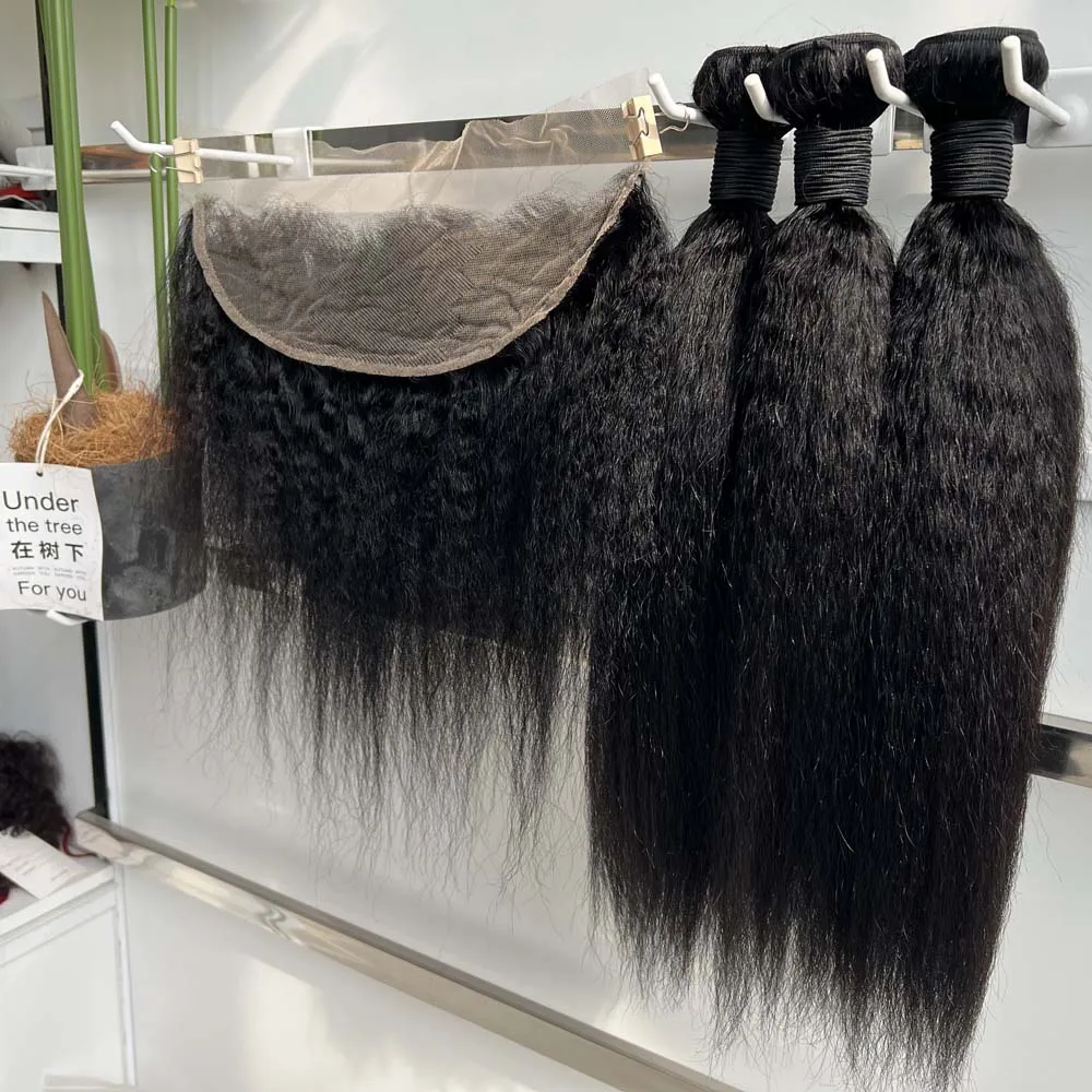 Clearance Sale Kinky Straight Bundles With HD Transparent Lace Closure Frontal And Bundles Remy Raw Virgin Human Hair Extension