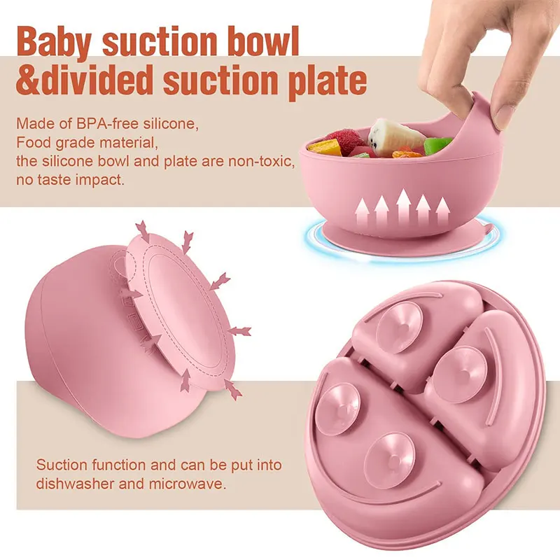 Children's silicone tableware set Baby Complementary Food Training 1/2/3/5PCS Set Sucker Bowl Bib Cup Fork Spoon Set Maternal thumbnail 4