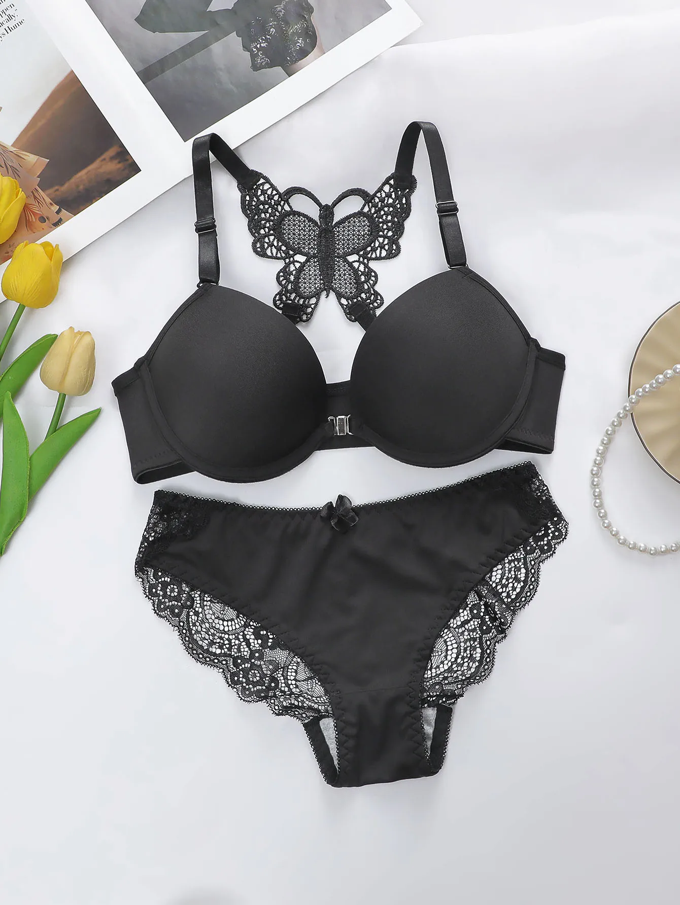 Women's Sexy Lace Set With Butterfly Design At the Back and The Front Closure Bra With Steel Ring Pretty Underwear Panty A2120 thumbnail 5