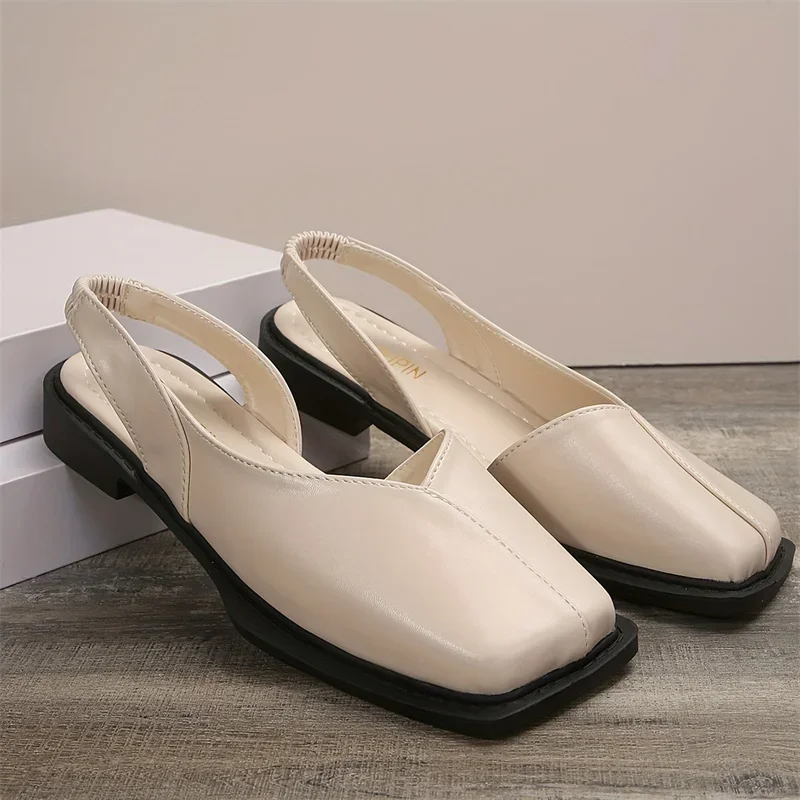Leather Toe Cap Sandals for Women 2024 New Flat Bottomed Square Toe Single Shoes, Retro Exterior Wear, Anti Slip Beach Slippers thumbnail 4