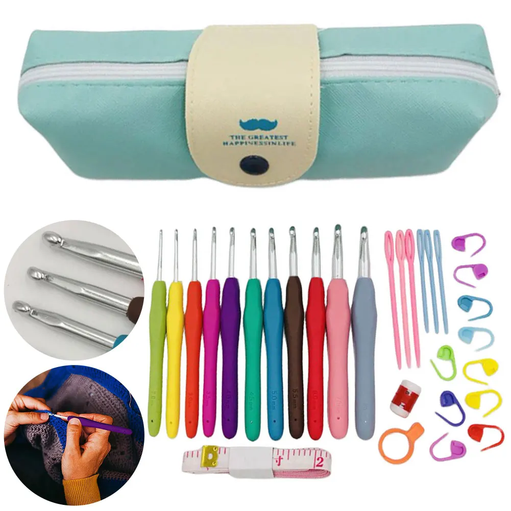 11PCS Colorful Rubber Handle Knitting Needles Kit With Sewing Clips Plastic Needles Staniless Steel Scissors Crochet Hooks Set thumbnail 2