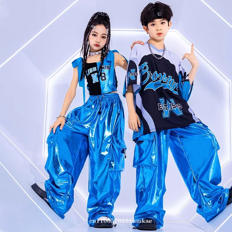 Boy Kids Jazz Fashion Clothes Boys Girls Hip Hop Oversize Tops Pants Runways Show Outfit Cool Bright Blue Street Dance Costume
