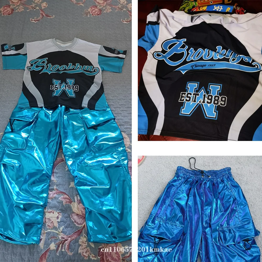 Boy Kids Jazz Fashion Clothes Boys Girls Hip Hop Oversize Tops Pants Runways Show Outfit Cool Bright Blue Street Dance Costume thumbnail 4