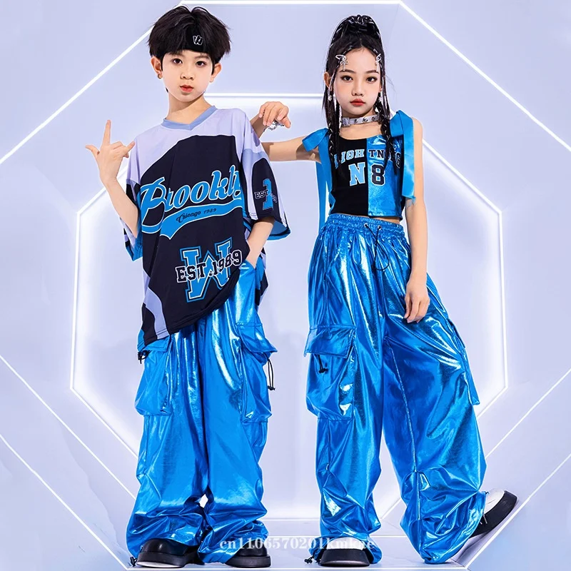 Boy Kids Jazz Fashion Clothes Boys Girls Hip Hop Oversize Tops Pants Runways Show Outfit Cool Bright Blue Street Dance Costume thumbnail 2