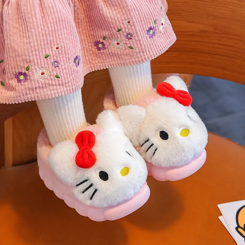 Anime HelloKitty Autumn/Winter Kawaii Flat Plush Slippers Soft Sole Non-Slip Warm Indoor Home Cotton Shoes Girls Christmas Gifts