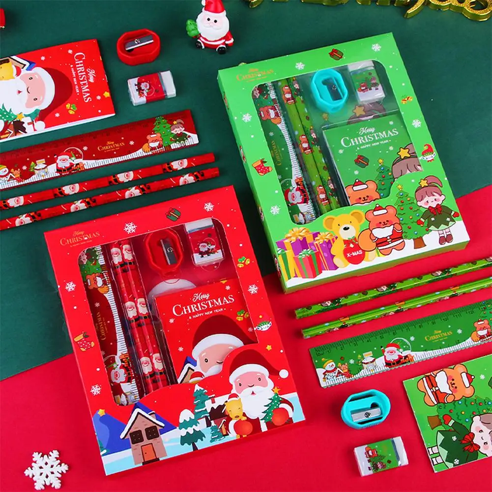 6Pcs/set Cartoon Christmas Pencil Sharpener Erasers Pencils Rulers Kawaii Children Stationery Set School Stationery Supply Gifts