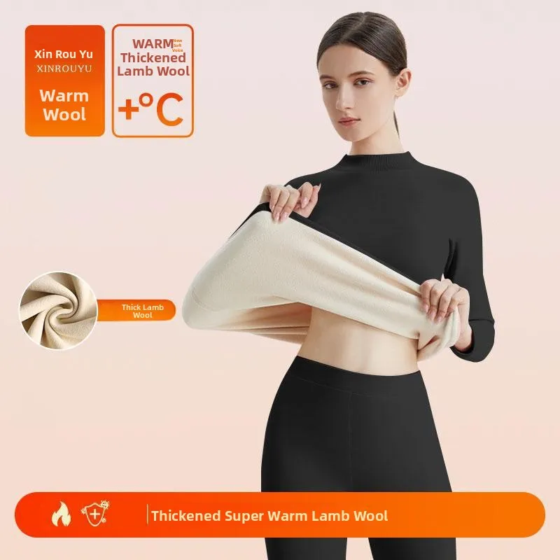 Thickened Fleece Warm Underwear Set Half High Collar Women's Winter Style Thermal Clothing Long Sleeve Long Pants Thermal Suit thumbnail 5