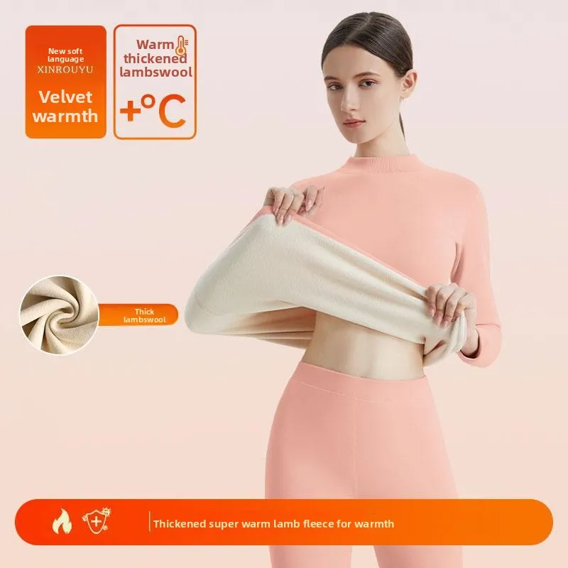 Thickened Fleece Warm Underwear Set Half High Collar Women's Winter Style Thermal Clothing Long Sleeve Long Pants Thermal Suit thumbnail 3
