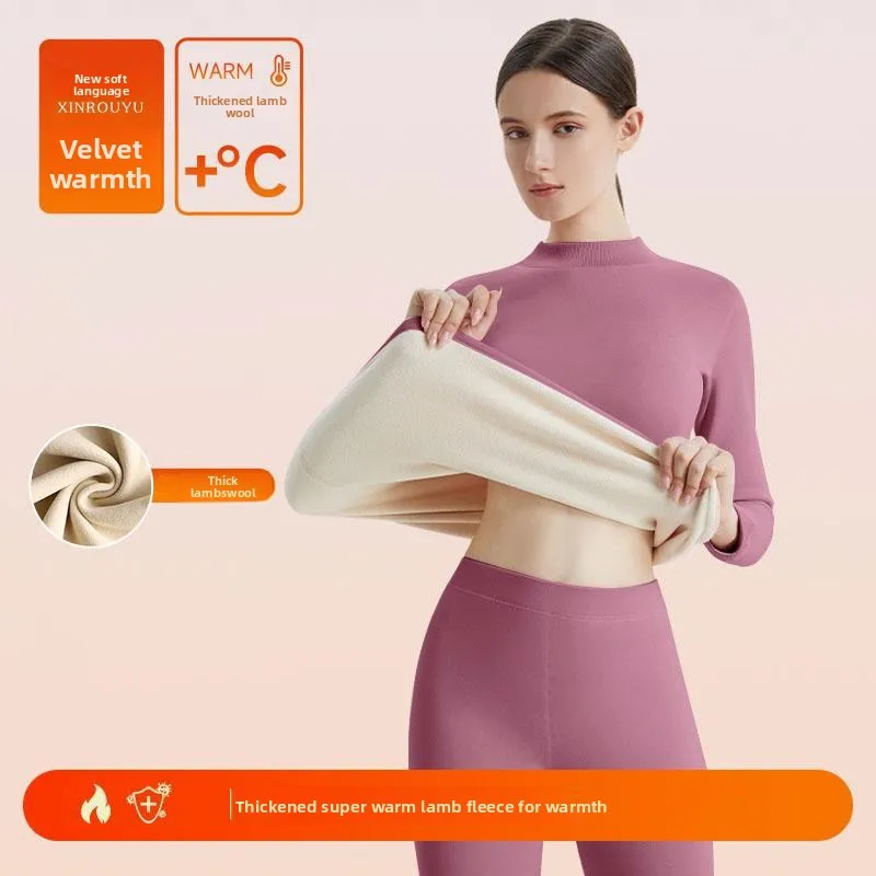 Thickened Fleece Warm Underwear Set Half High Collar Women's Winter Style Thermal Clothing Long Sleeve Long Pants Thermal Suit thumbnail 2