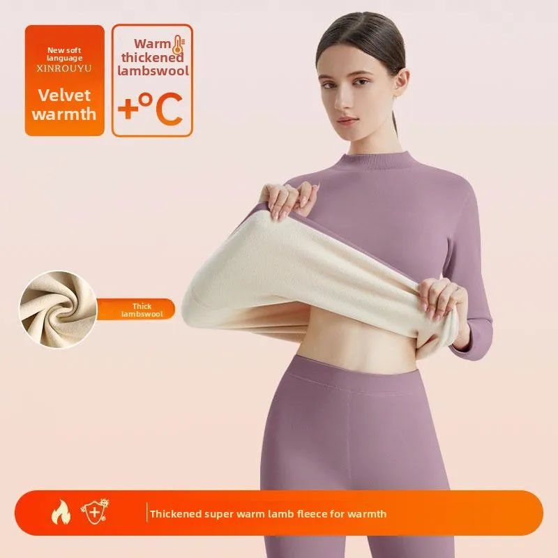 Thickened Fleece Warm Underwear Set Half High Collar Women's Winter Style Thermal Clothing Long Sleeve Long Pants Thermal Suit thumbnail 4