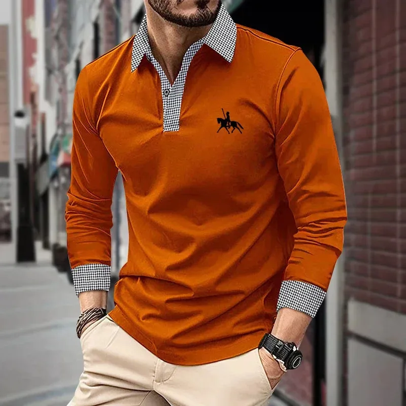 Spring and Autumn long-sleeved men's polo shirt, classic business office men's T-shirt, street casual fashion solid color top