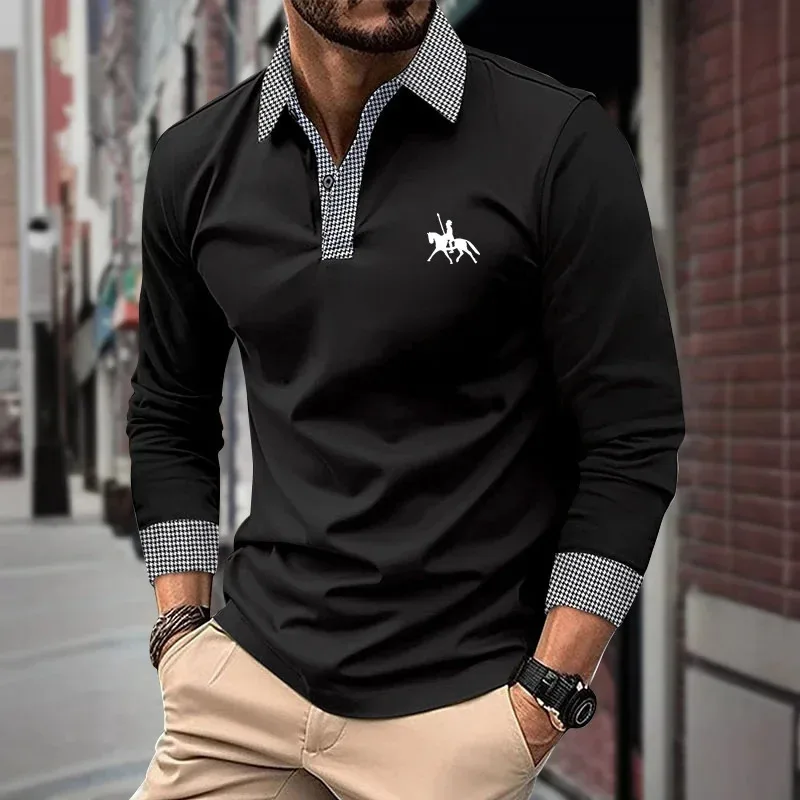Spring and Autumn long-sleeved men's polo shirt, classic business office men's T-shirt, street casual fashion solid color top thumbnail 4