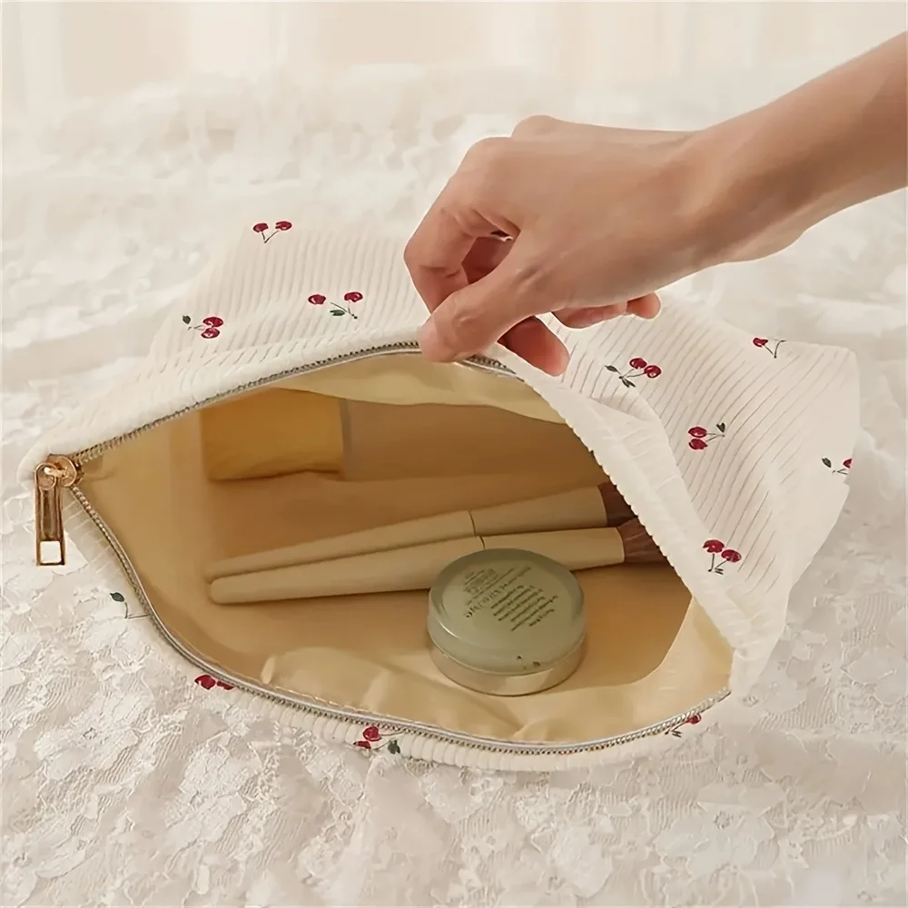 Casual Cherry Print Corduroy Zipper Pouch Makeup Bag Handbag Multifunctional Toiletry Organizer Cosmetic Storage Box with Lining thumbnail 4