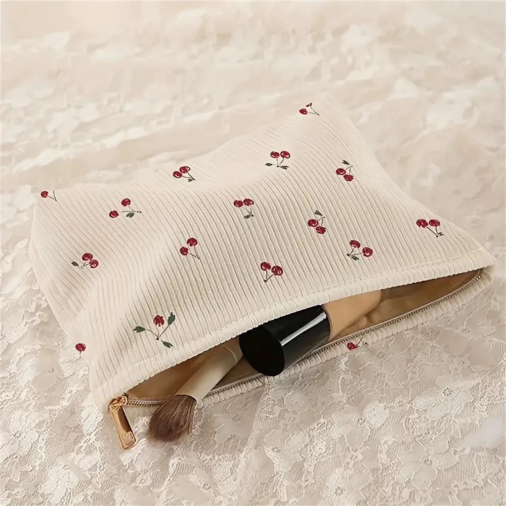 Casual Cherry Print Corduroy Zipper Pouch Makeup Bag Handbag Multifunctional Toiletry Organizer Cosmetic Storage Box with Lining thumbnail 2