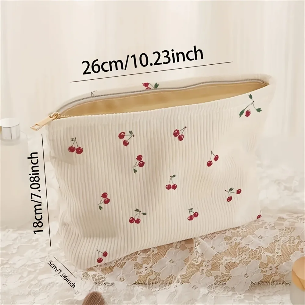 Casual Cherry Print Corduroy Zipper Pouch Makeup Bag Handbag Multifunctional Toiletry Organizer Cosmetic Storage Box with Lining thumbnail 6