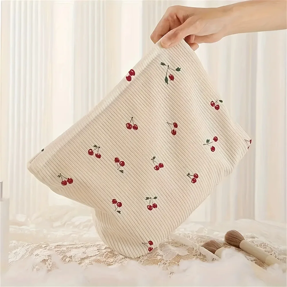 Casual Cherry Print Corduroy Zipper Pouch Makeup Bag Handbag Multifunctional Toiletry Organizer Cosmetic Storage Box with Lining thumbnail 5