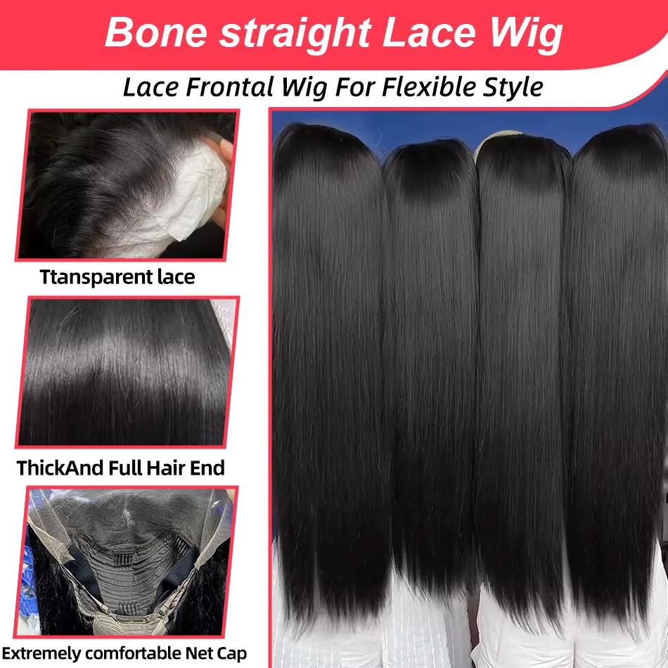 250 Density Human Hair 40 Inch Bone Straight 13x6 HD Lace Frontal Wigs Black Closure 13x4 Lace Front Wig 5x5 Glueless Brazilian thumbnail 3