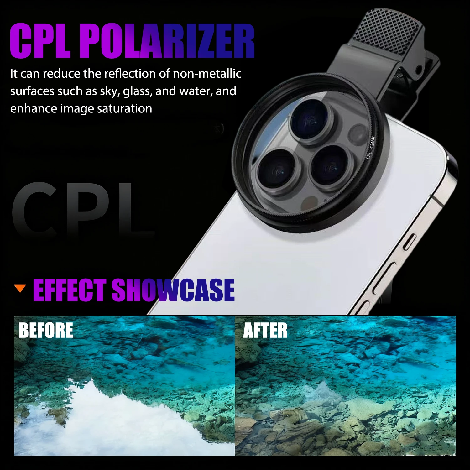 52mm CPL Filter Clip-on Filtro Polarizador Para Celular Reduced Reflection for IPhone 17 16 15 Pro Max Samsung Galaxy Huawei thumbnail 2