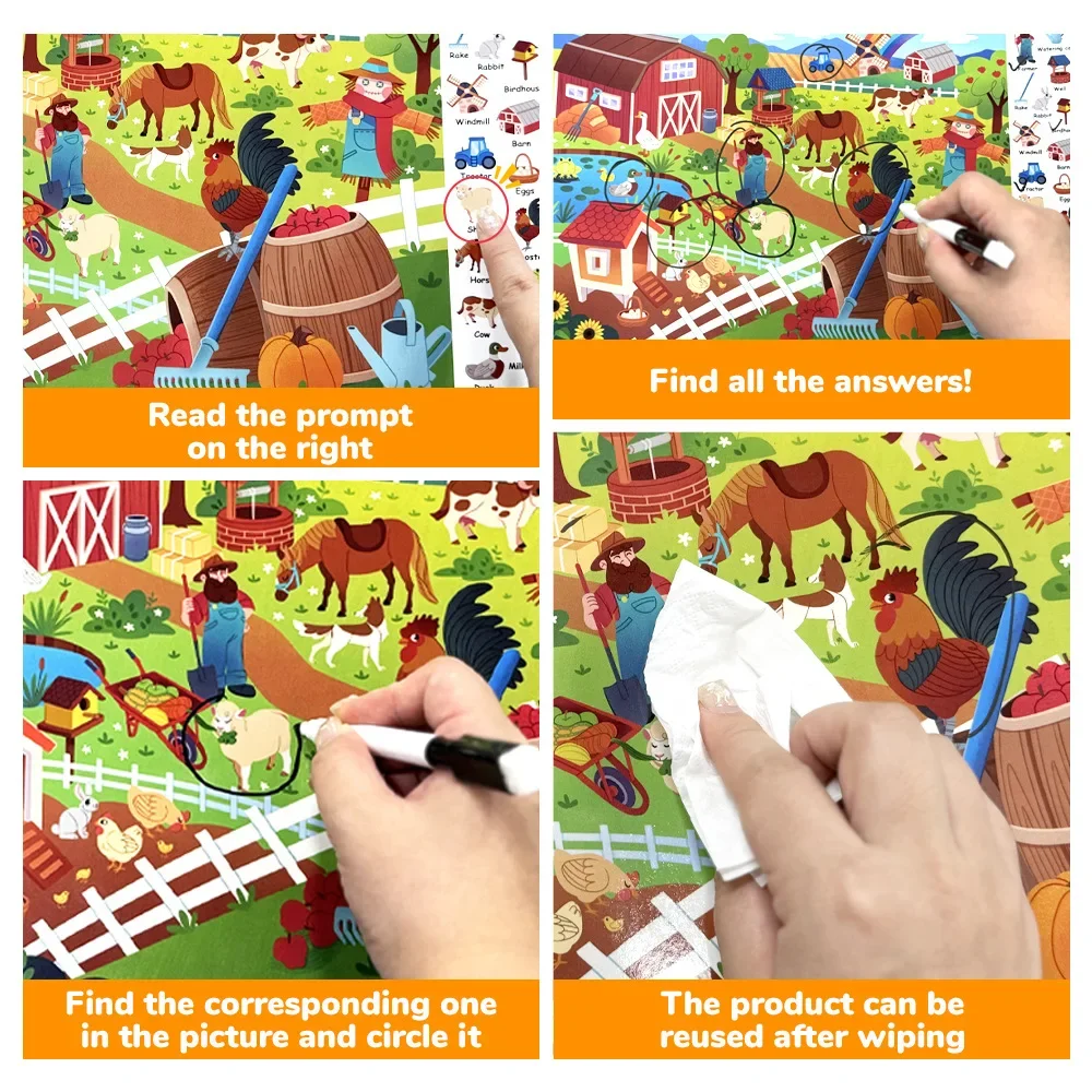 Search and Find Game Looking for Different 3 Themes Interactive Activity Painting Kit Drawing Books with Reusable Pen thumbnail 4