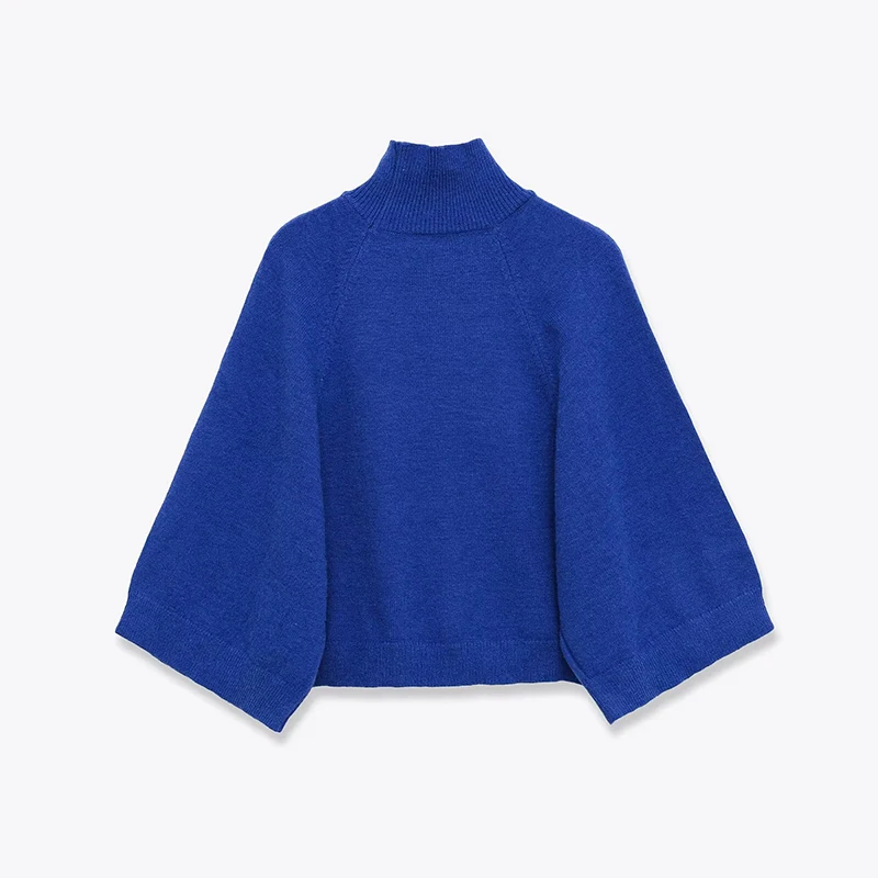 Blue Wide Sleeve Knit Pullover Women Spring 2025 Short High Neck Sweater thumbnail 2