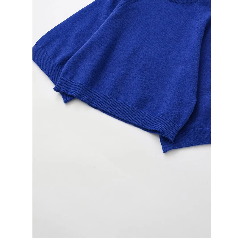 Blue Wide Sleeve Knit Pullover Women Spring 2025 Short High Neck Sweater thumbnail 4