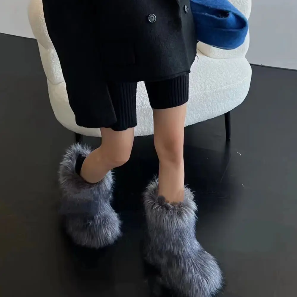 Women's Winter Snow Boots Outdoor Luxury Furry Faux Fox Fur Boots Woman Plush Warm Platform Shoes New Fashion Bottes Big Size 46 thumbnail 6