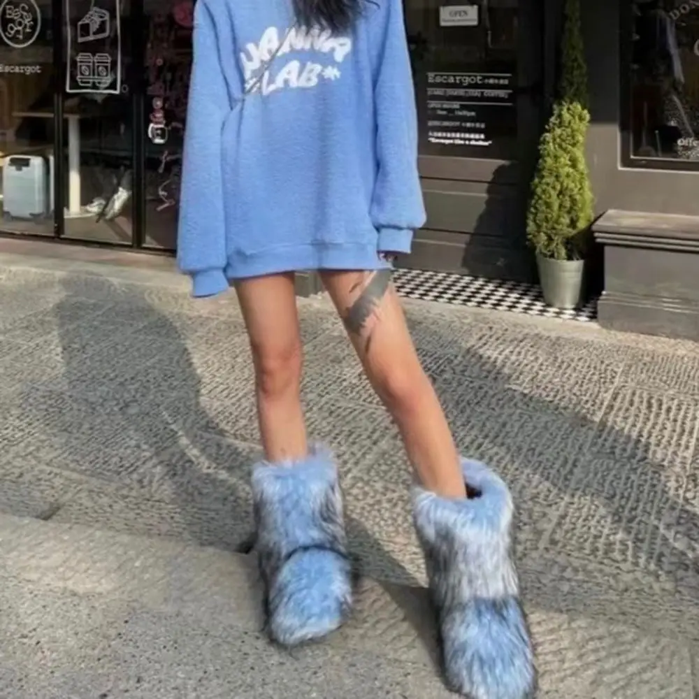 Women's Winter Snow Boots Outdoor Luxury Furry Faux Fox Fur Boots Woman Plush Warm Platform Shoes New Fashion Bottes Big Size 46 thumbnail 3