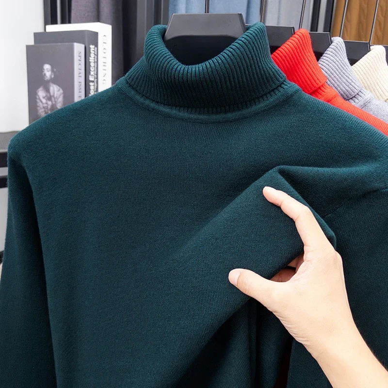 Autumn Mens High Quality Knitted Turtleneck Sweater Slim Fit Long Sleeve Anti-pilling Pullover Solid Color Trend Men Streetwea thumbnail 2