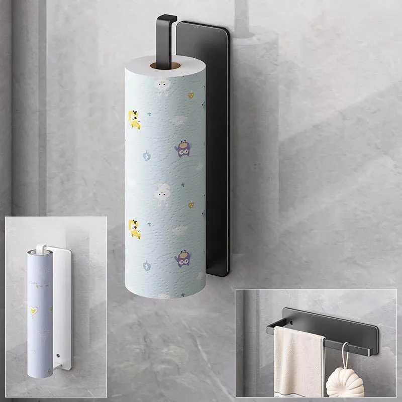 Wall-Mounted Kitchen Tissue Holder Free-Punching Roll Paper Storage Rack Kitchen Tissue Preservation Film Towel Storage Rack thumbnail 2