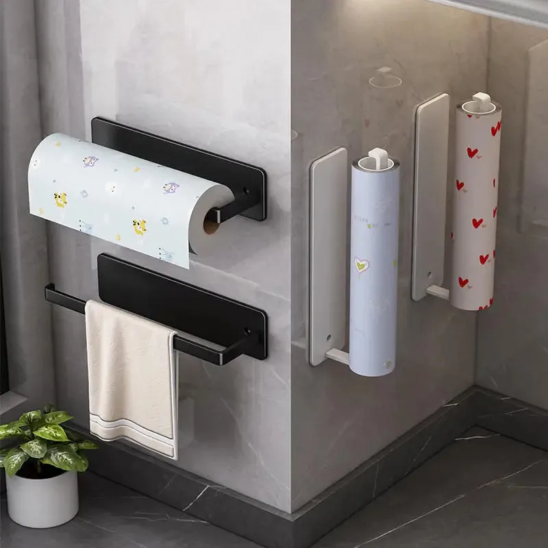 Wall-Mounted Kitchen Tissue Holder Free-Punching Roll Paper Storage Rack Kitchen Tissue Preservation Film Towel Storage Rack thumbnail 3