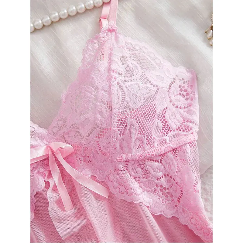 A Set Pink Cute Women Sweet Nightdress And Panty Pijamas Suit Sleeveless Halter Nightgown Short Sets V-Neck Bra Thong Luxury Kit thumbnail 3