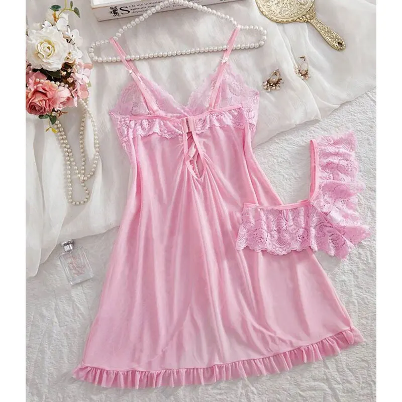 A Set Pink Cute Women Sweet Nightdress And Panty Pijamas Suit Sleeveless Halter Nightgown Short Sets V-Neck Bra Thong Luxury Kit thumbnail 2