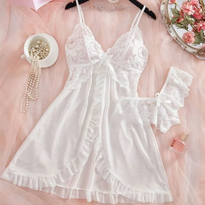 A Set Pink Cute Women Sweet Nightdress And Panty Pijamas Suit Sleeveless Halter Nightgown Short Sets V-Neck Bra Thong Luxury Kit thumbnail 4
