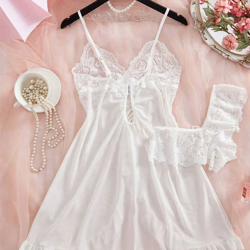 A Set Pink Cute Women Sweet Nightdress And Panty Pijamas Suit Sleeveless Halter Nightgown Short Sets V-Neck Bra Thong Luxury Kit thumbnail 5