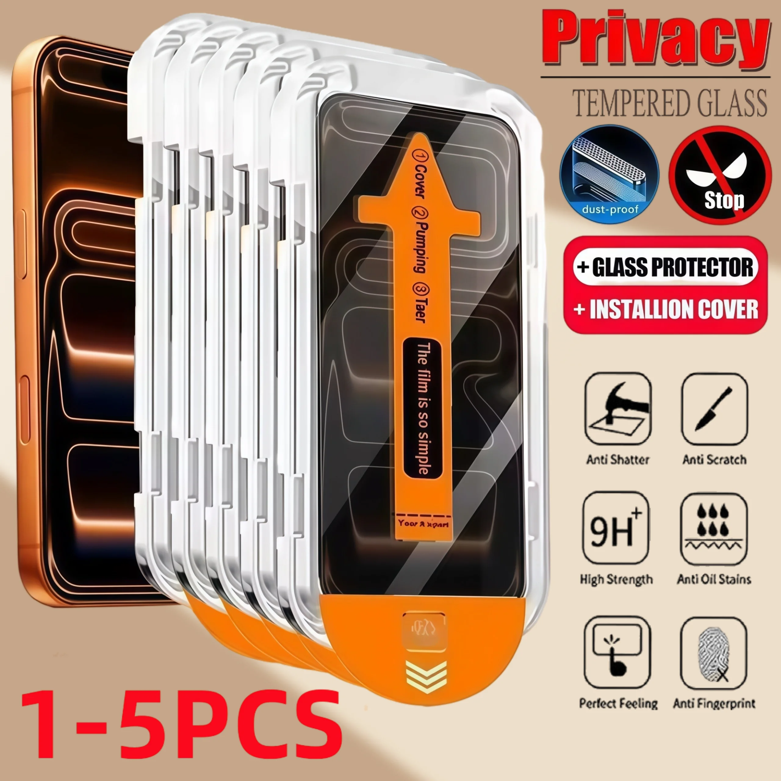  1-5PCS Dust Free Installation Privacy Tempered Glass For iPhone17 16 15 14 13 12 11 Pro Max  XR XS  Anti-spy Screen Protector